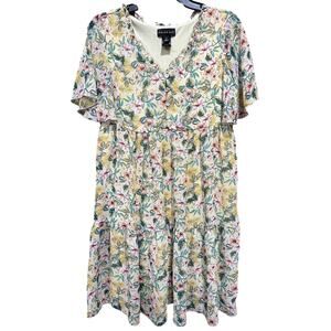 Stella Julie Dress 8 Yellow Green Floral Short Sleeve V Neck Ruffle Boho Garden